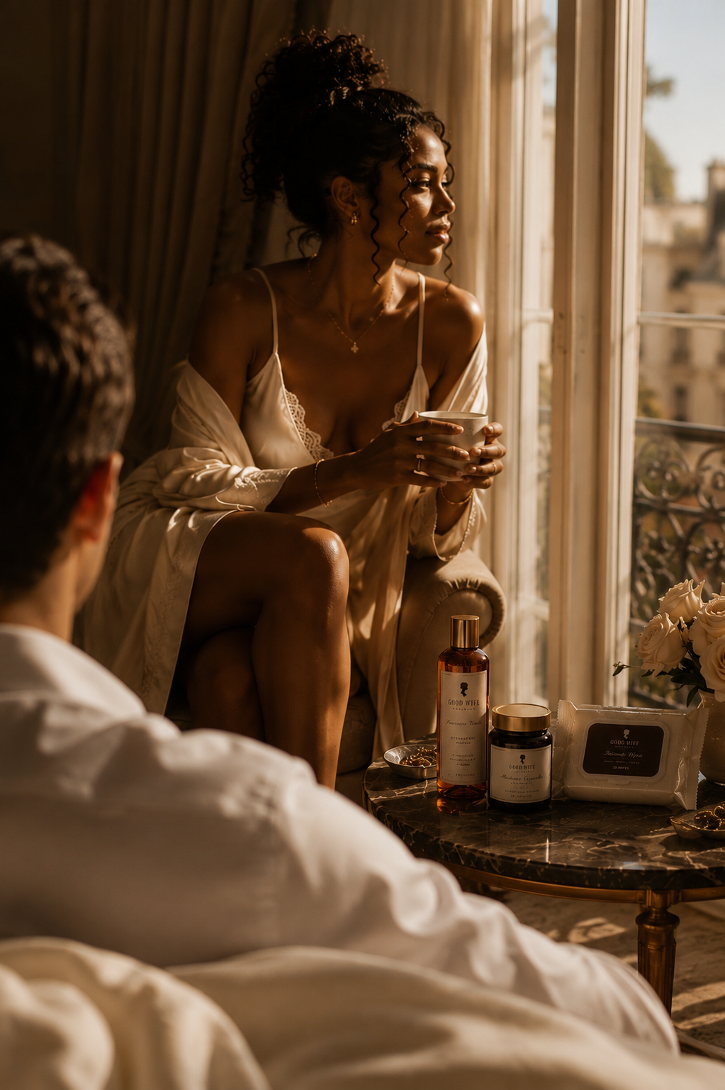 A woman looking out a sunlit hotel window with Good Wife Wellness products nearby