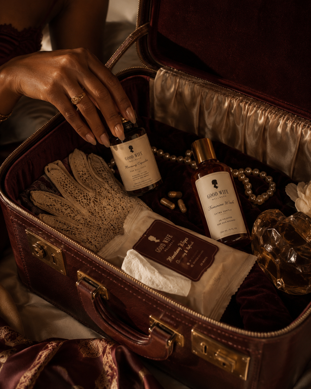 A private travel ritual with Good Wife Wellness products inside a velvet-lined case